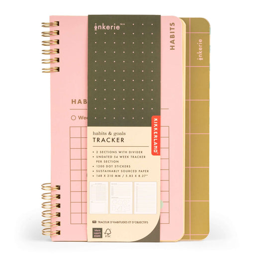 Colorful Habits & Goals Tracker notebook by Kikkerland, featuring 54 weeks/pages and 1200 stickers for tracking progress.