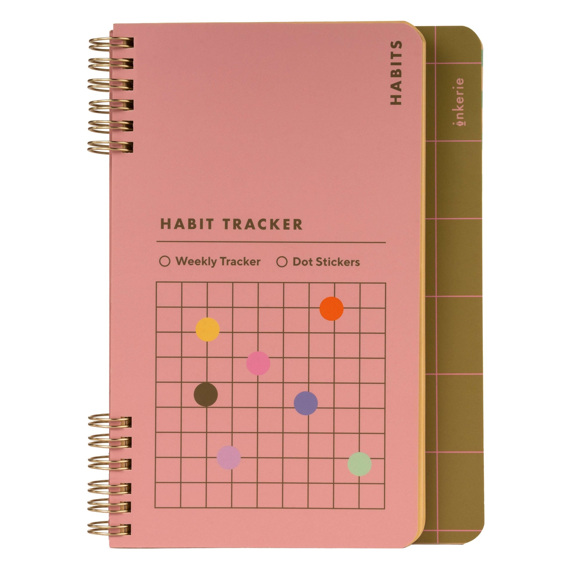 Habits & Goals Tracker by Kikkerland, spiral-bound notebook with colorful dot stickers and habit tracking grids.
