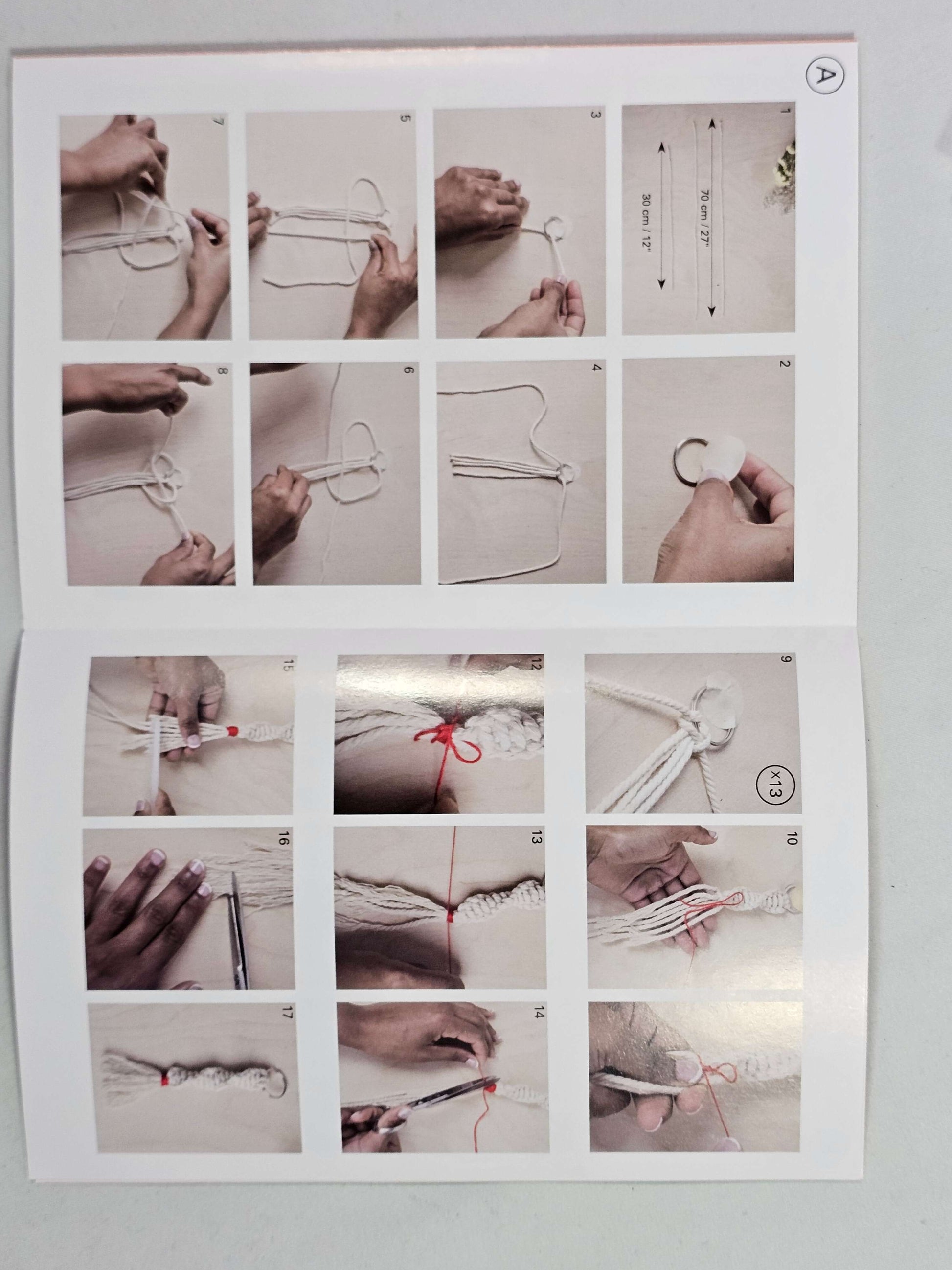 Step-by-step guide for crafting macrame keyrings, showcasing knot techniques and assembly instructions.