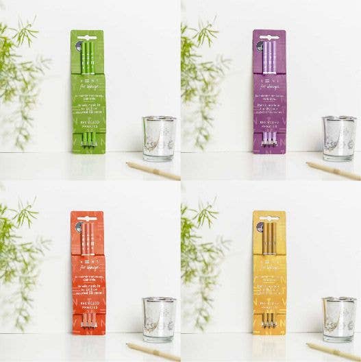 Colorful recycled pencil sets displayed in green, purple, orange, and yellow packaging on a white background.