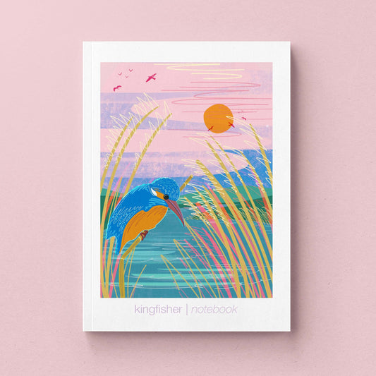A5 Kingfisher notebook with vibrant river illustration, perfect for thoughts and sketches on 90gsm recycled paper.