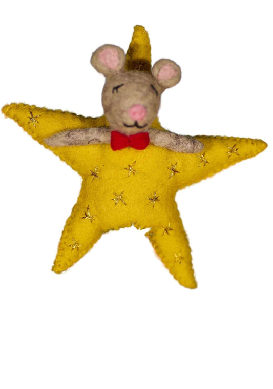 Felt mouse on a yellow star with a white background
