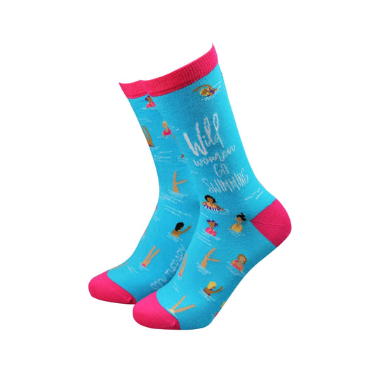 Wild Women Go Swimming women's bamboo socks in vibrant blue with fun swimming designs and pink accents.
