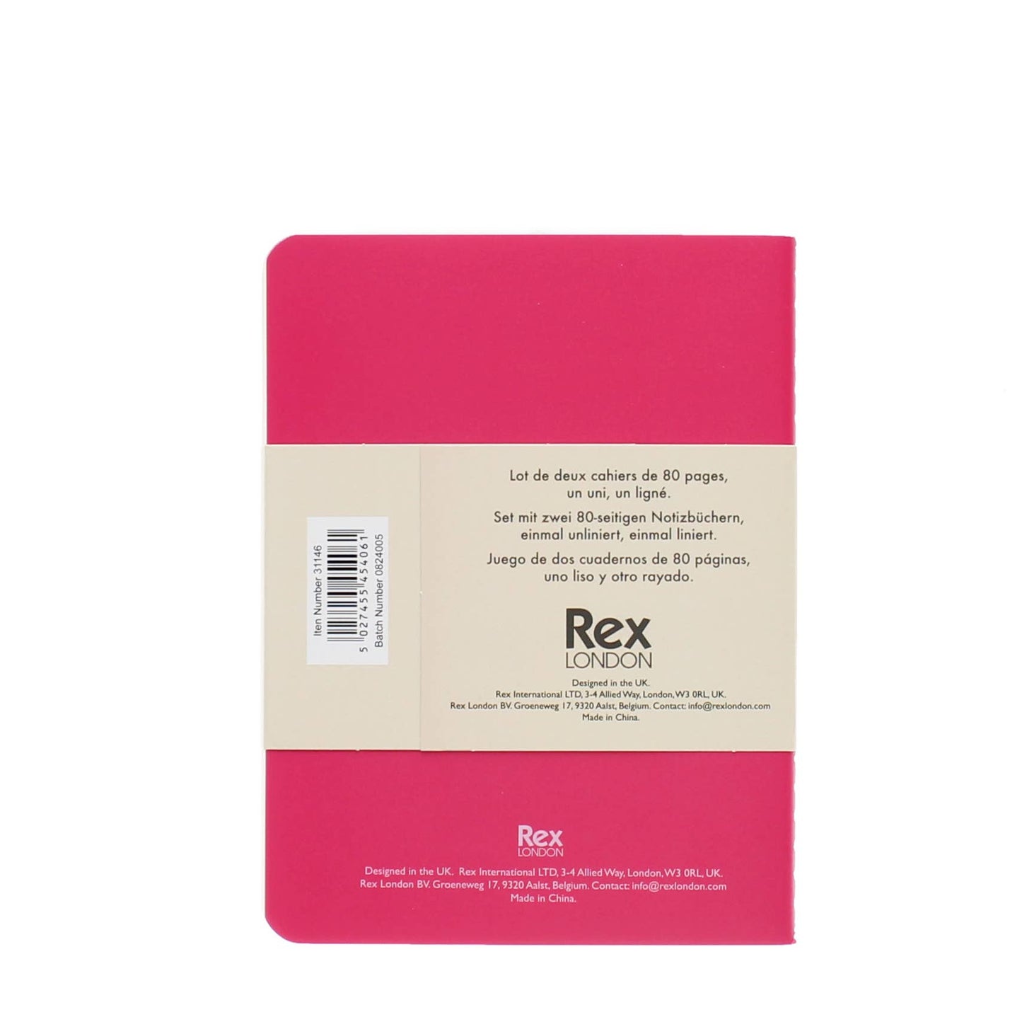 Pink notebook with beige label displaying text and branding on a white background