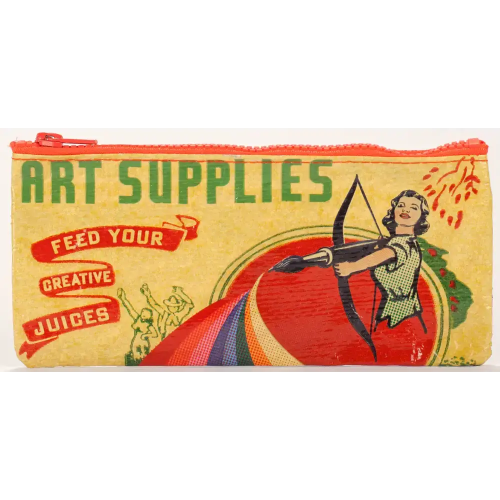 Vintage art supplies pencil case featuring a woman shooting an arrow, with the text 'Feed Your Creative Juices'.