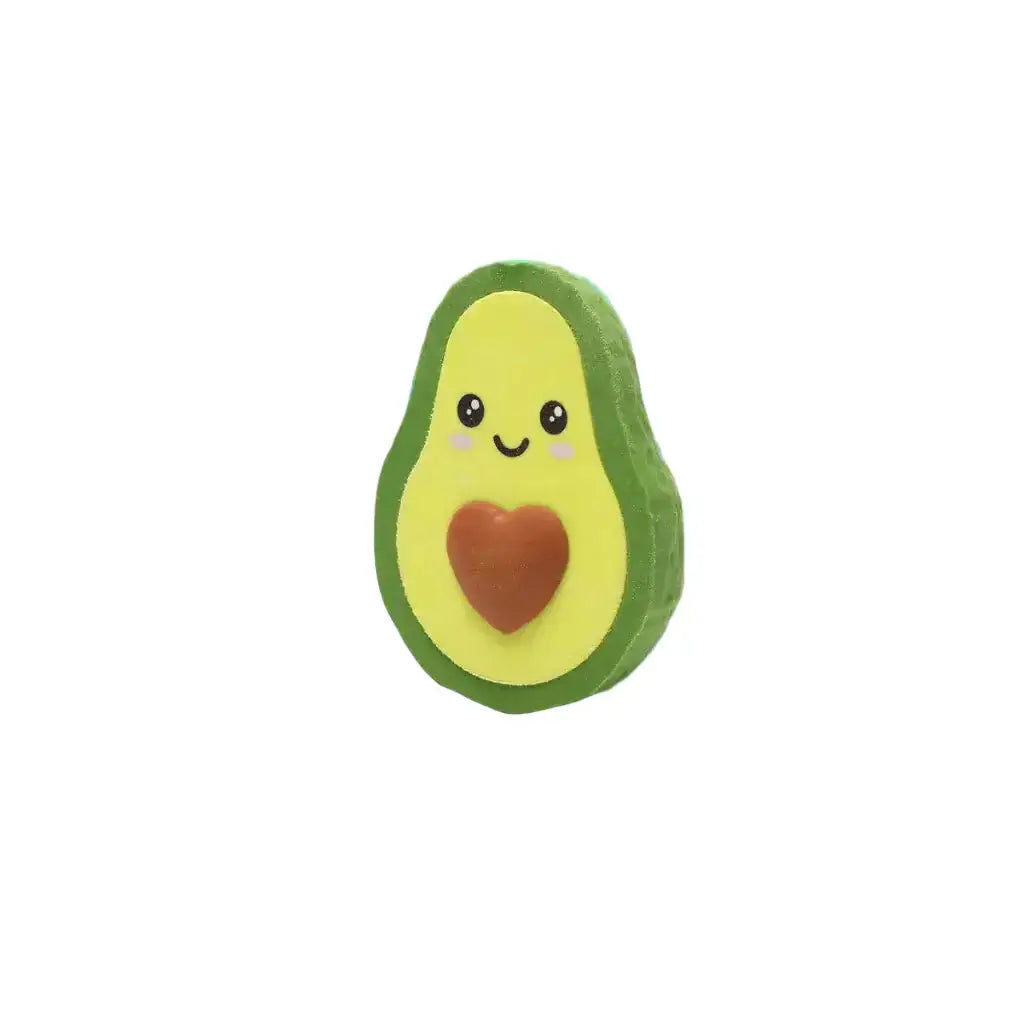 Avocado-shaped object with a smiling face and red heart on a white background