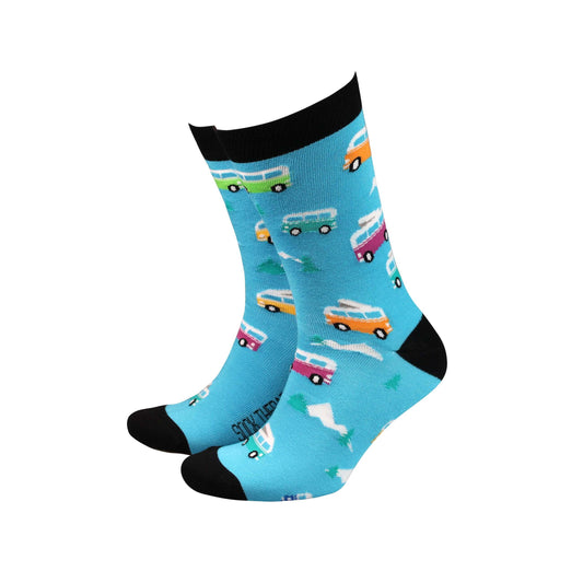 Men's bamboo socks featuring colorful camper vans on a blue background, blending comfort and style.