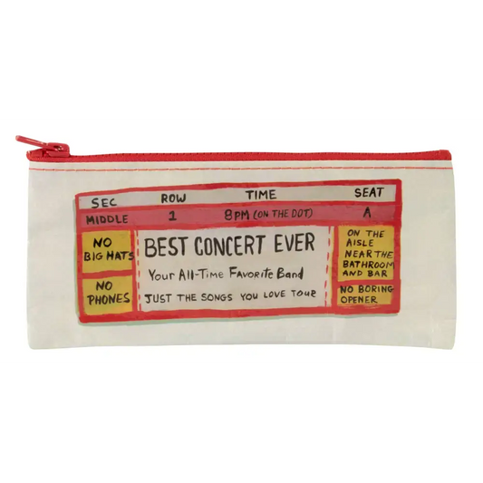 Pencil case featuring concert ticket design, perfect for organizing pens and pencils. Ideal for music lovers.