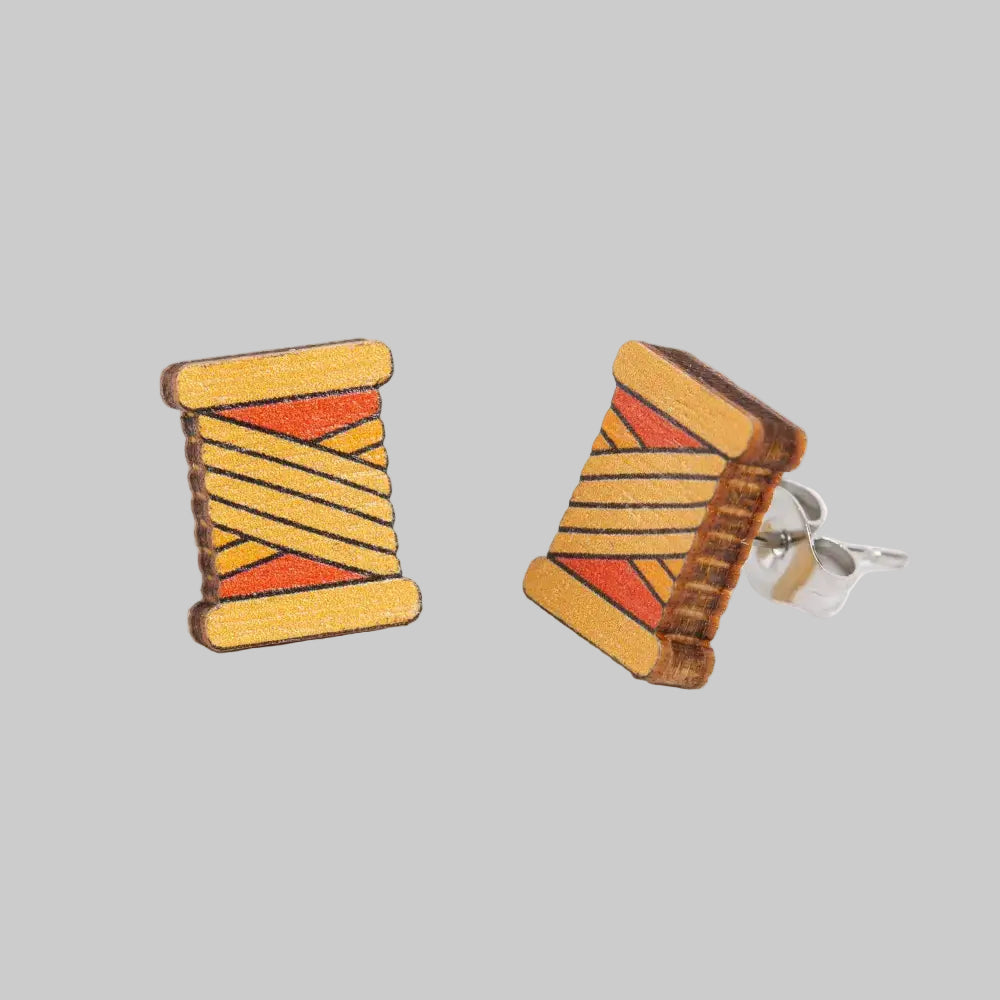 Bobbin Wooden Earrings - Embroidery Jewellery - Orange