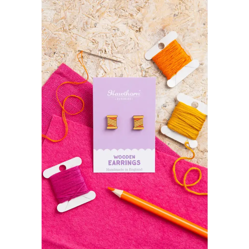 Bobbin Wooden Earrings - Embroidery Jewellery - Orange