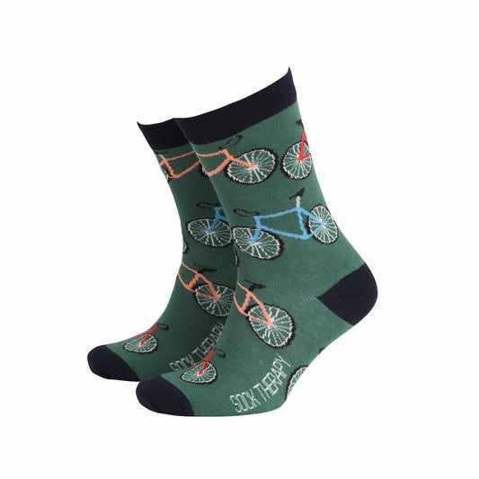 Men's bamboo socks featuring colorful bike patterns on a green background by Sock Therapy.
