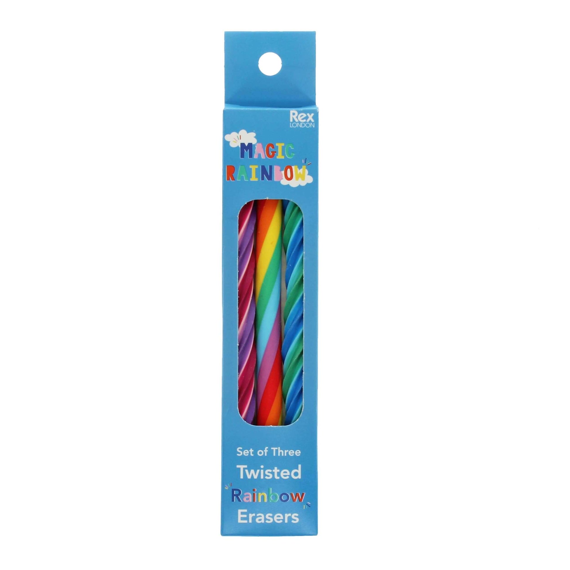 Pack of three twisted rainbow erasers with a blue box on a white background