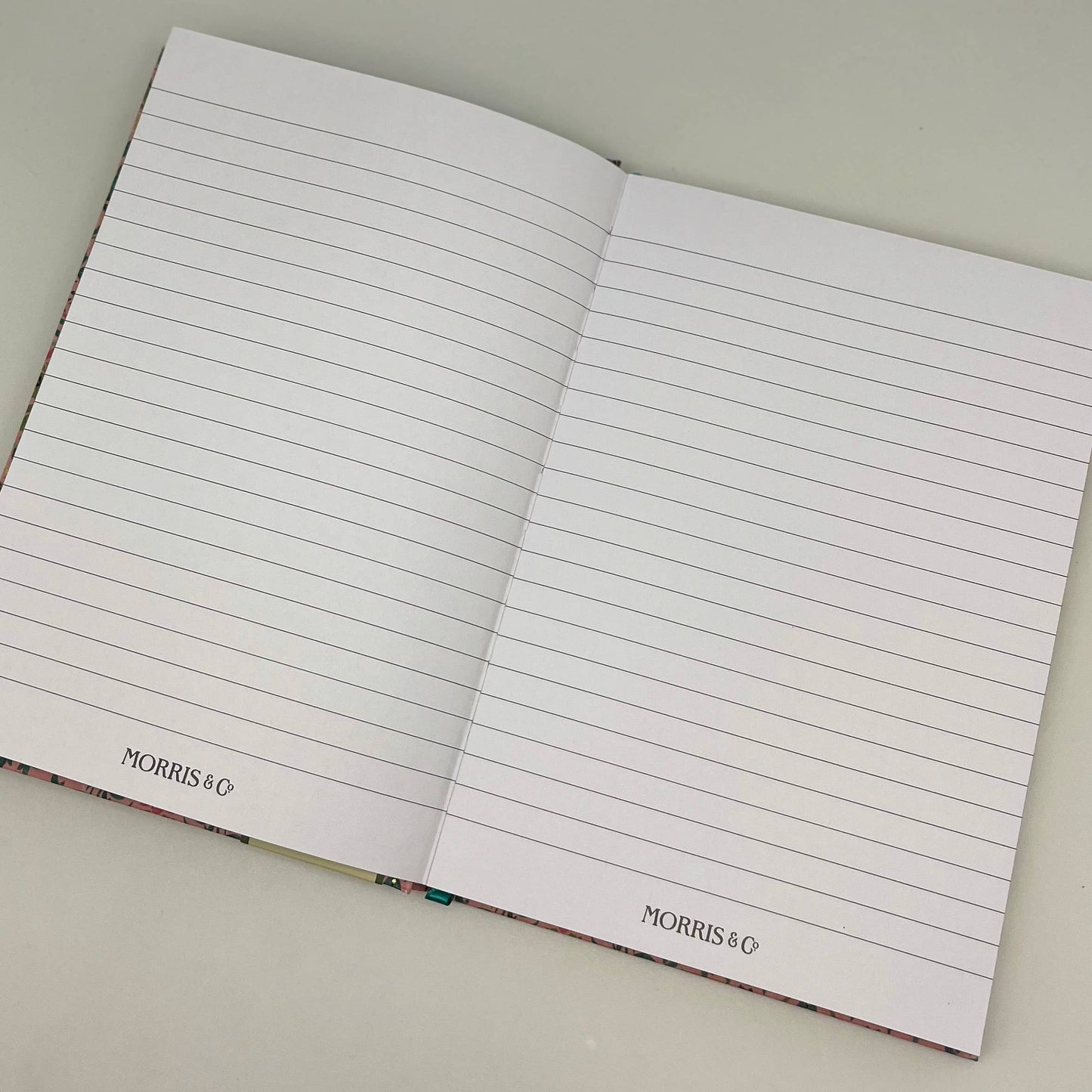 Open notebook with lined pages on a light gray background