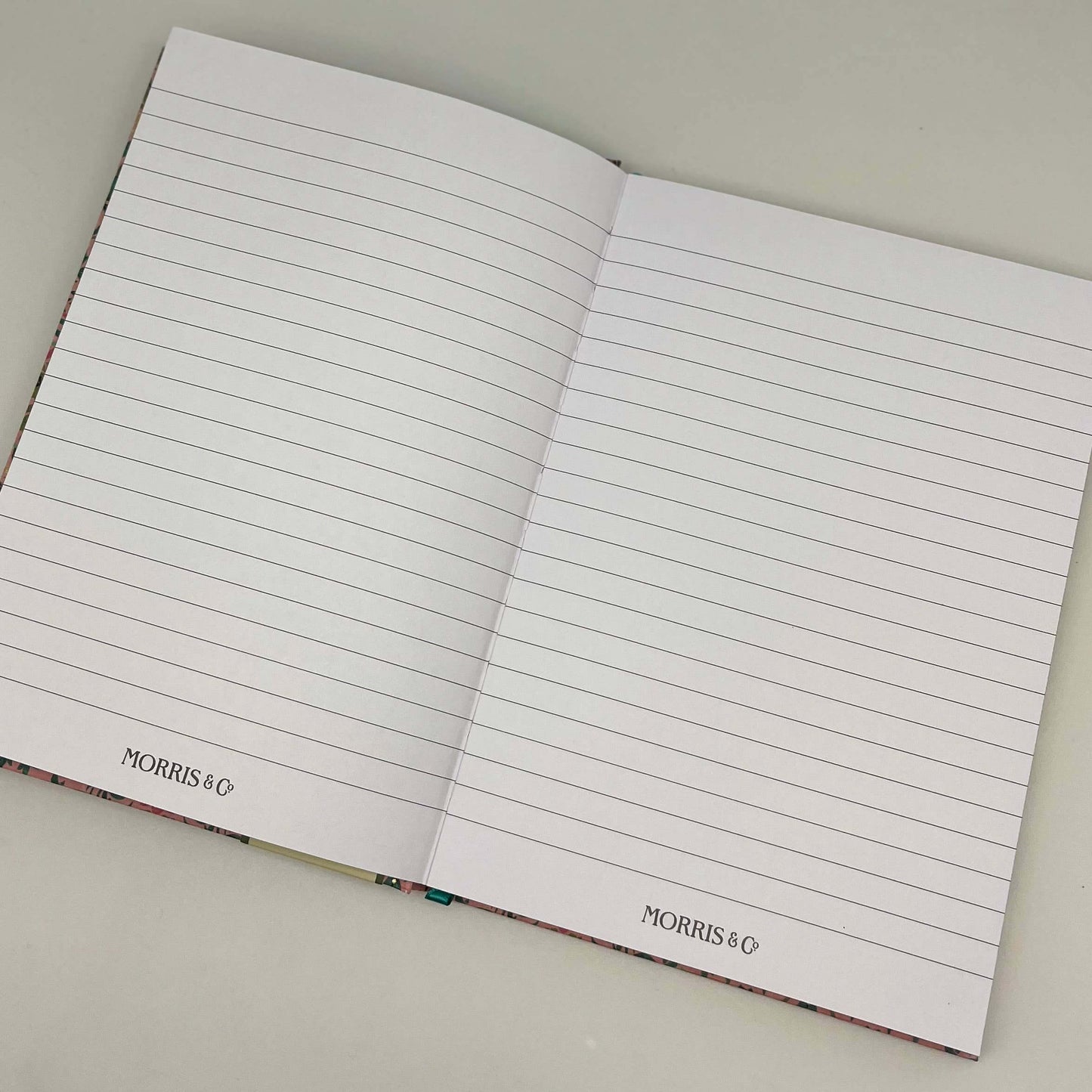 Open notebook with lined pages on a light gray background