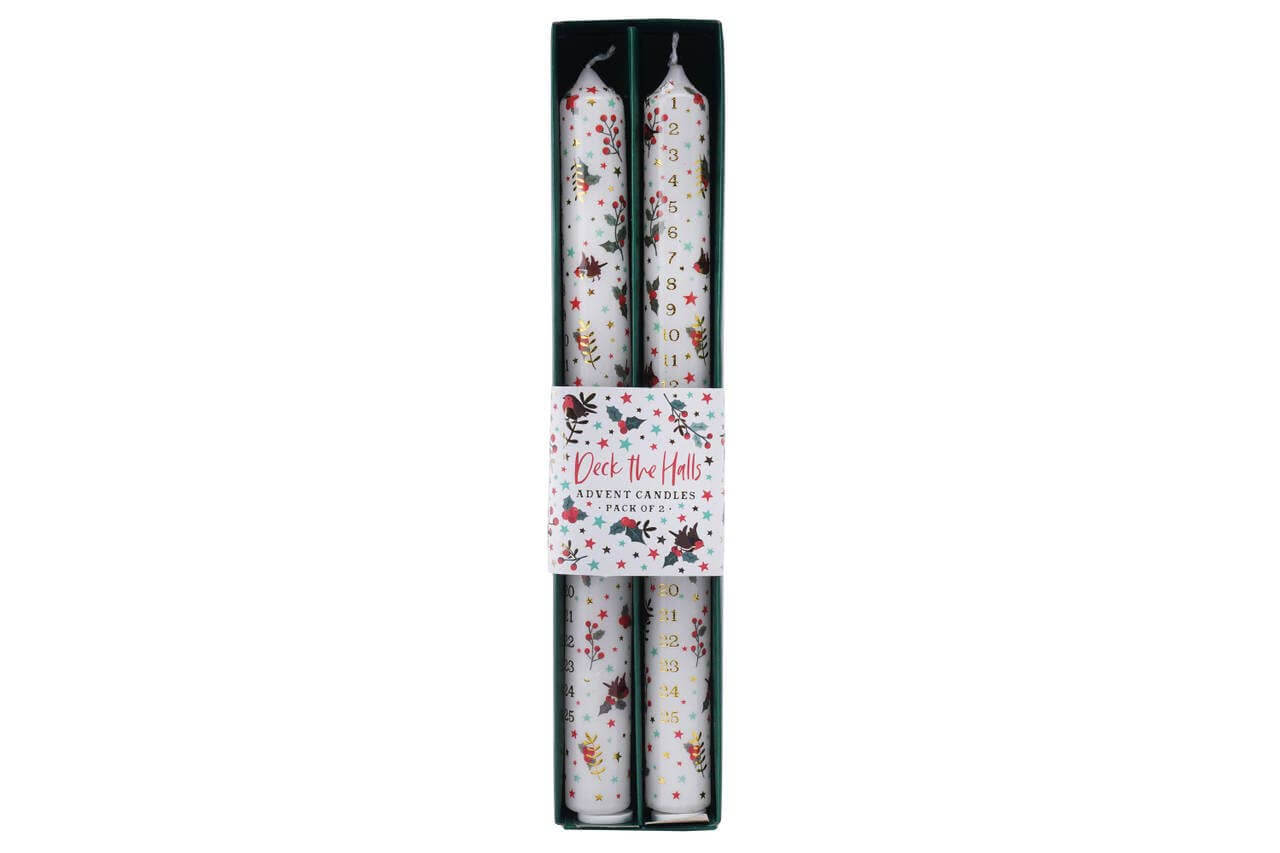 Two floral-patterned candles in a black and white packaging on a white background