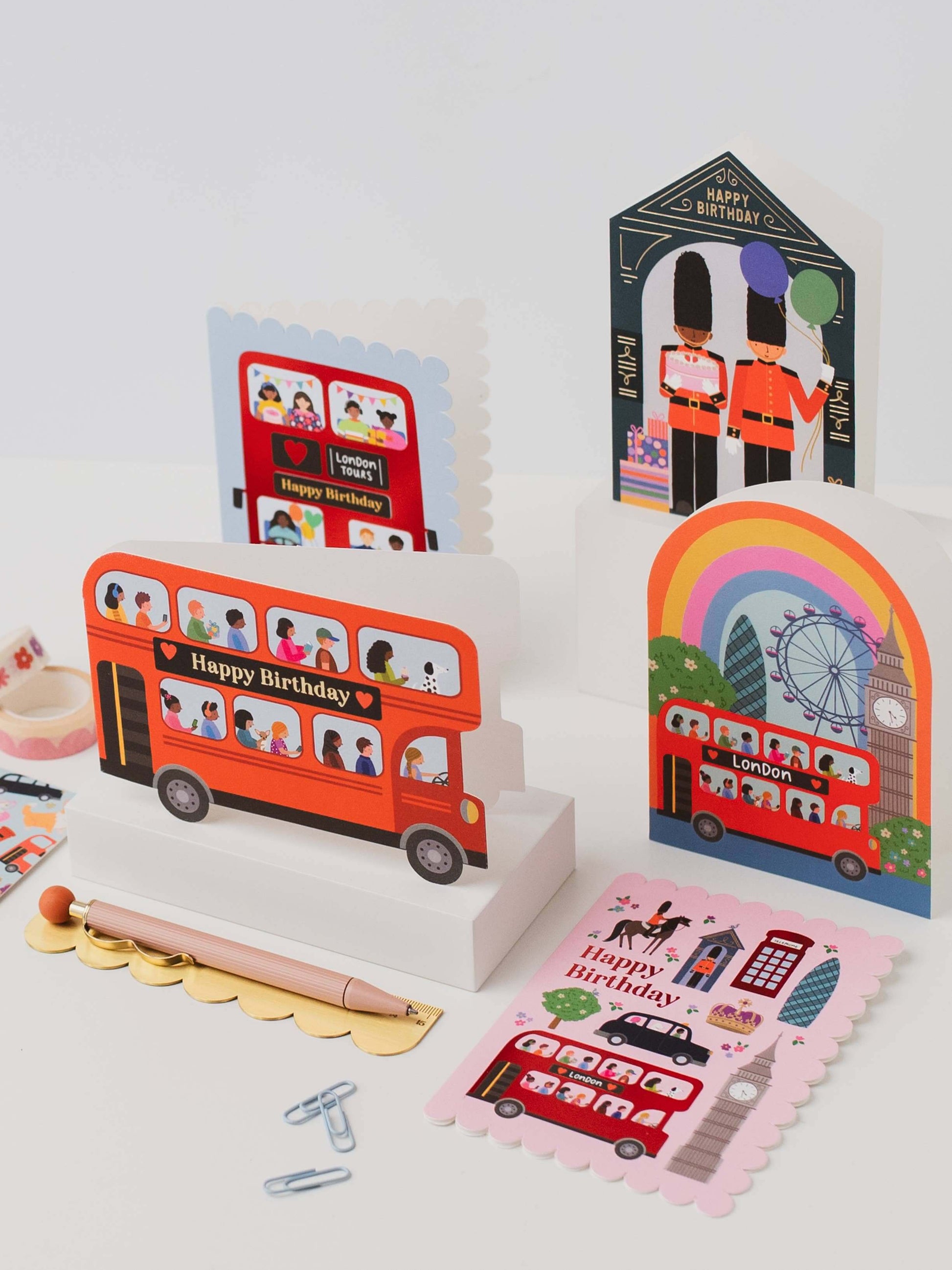 Collection of London-themed greeting cards on a white background