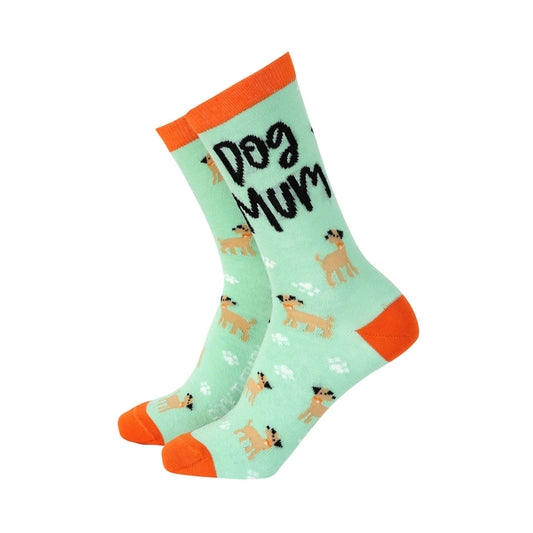 Dog Mum women's bamboo socks in mint green with fun dog design and orange accents, perfect for dog lovers.