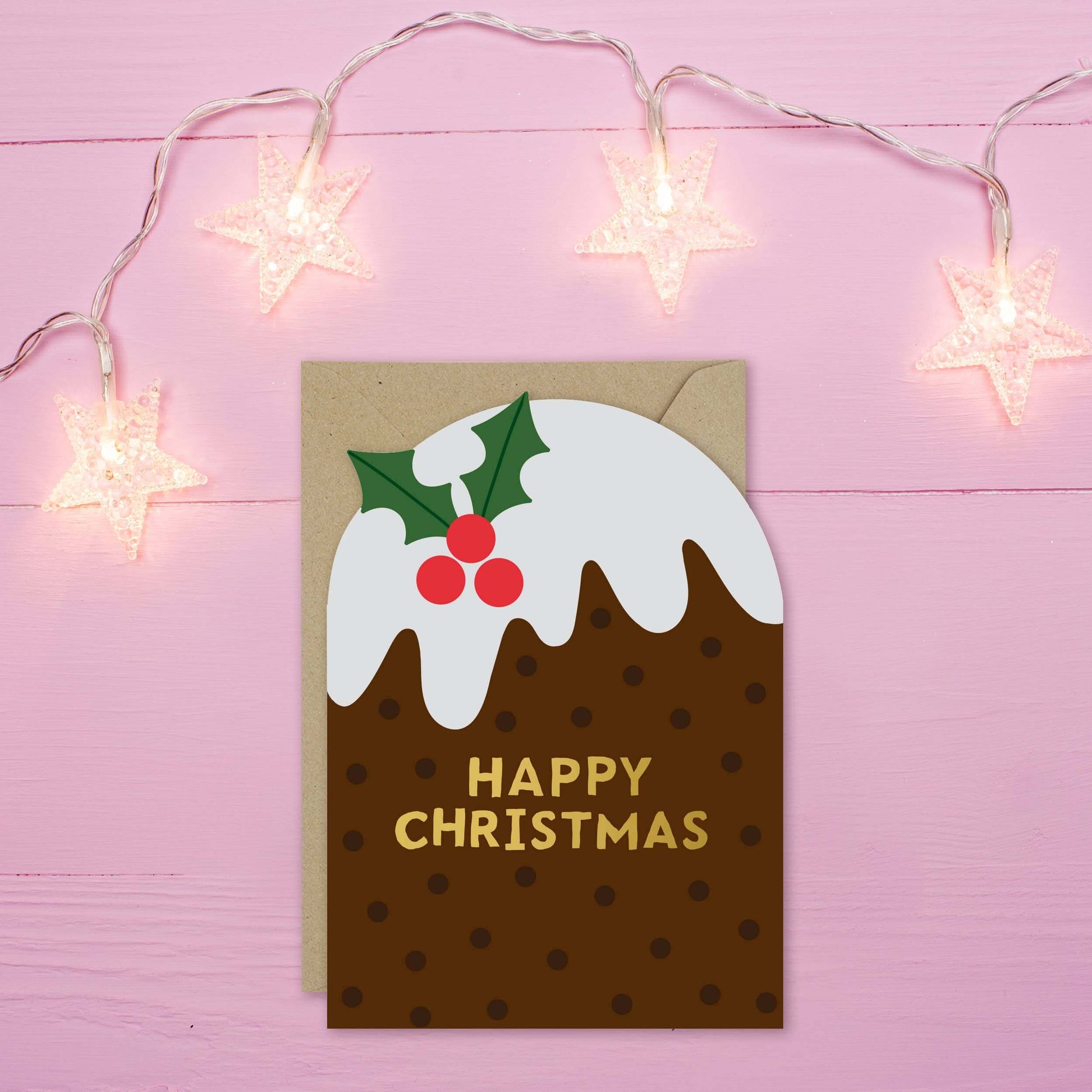 Christmas card with a festive design on a pink background with star lights.