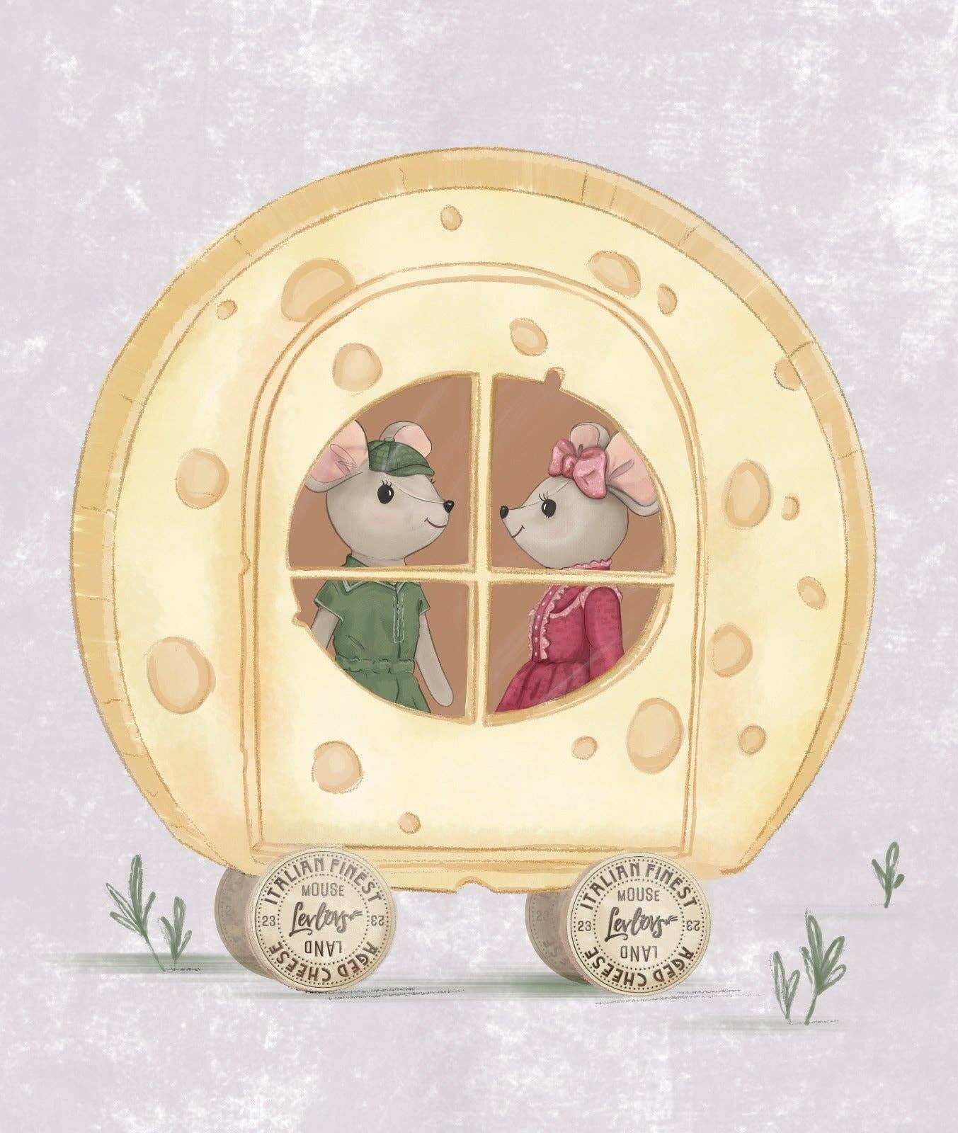 Decorative cheese-shaped lamp with cartoon mice inside on a light gray background