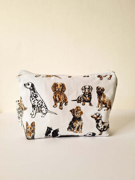 Pouch with dog illustrations on a beige background