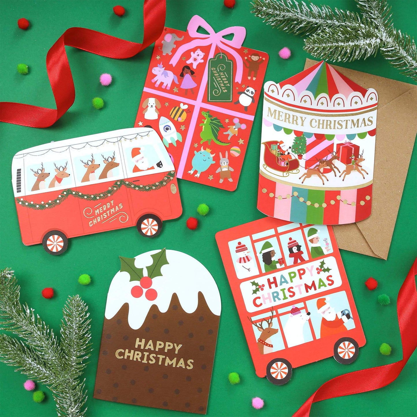 Collection of Christmas-themed cards on a green background with ribbons and decorative elements.