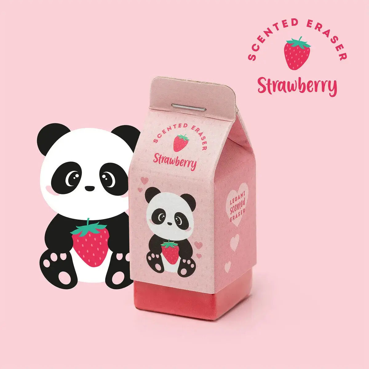 Pink scented eraser packaging with panda design on a pink background