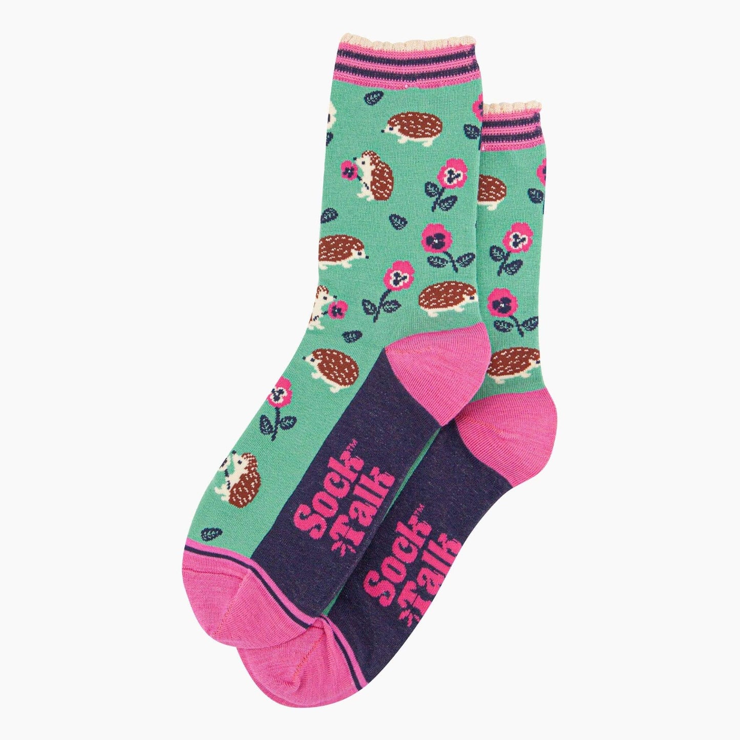 Colorful socks with hedgehog design and 'Sock Talk' text on a white background