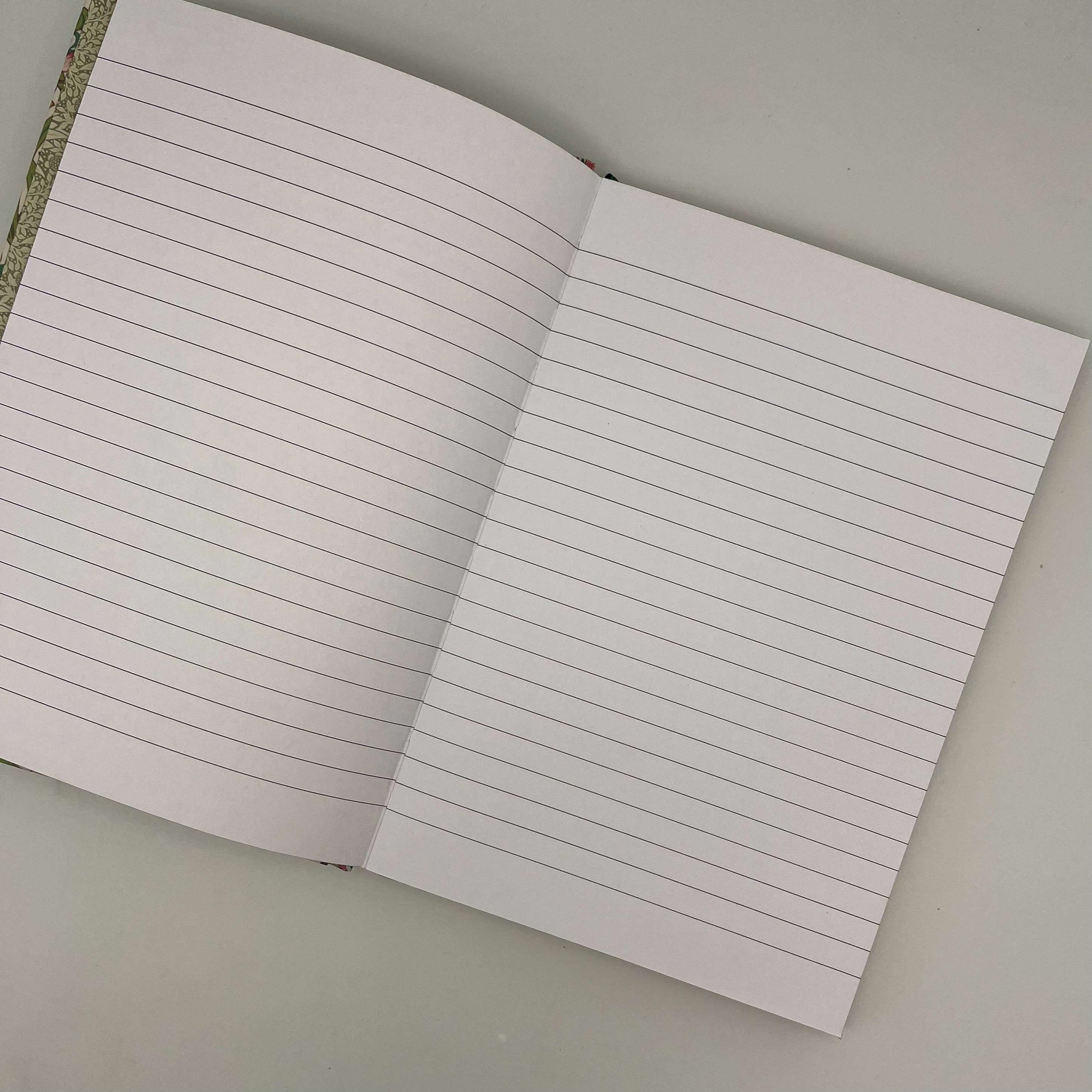Open notebook with lined pages on a plain background