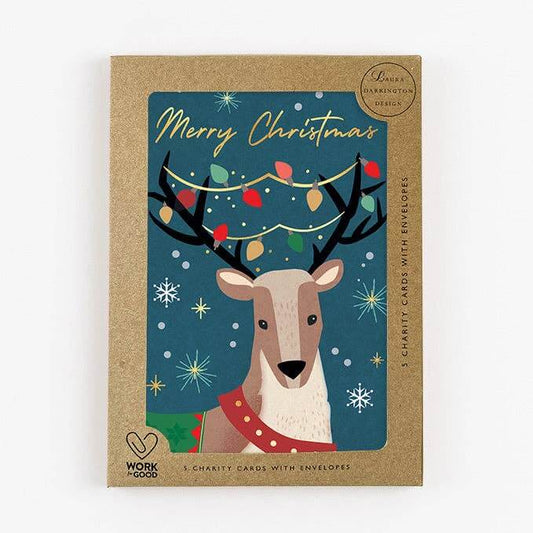 Pack of Christmas cards with a reindeer design on a white background