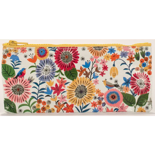 Colorful floral pencil case with zipper, part of a pencil case bundle including pens and pencils.