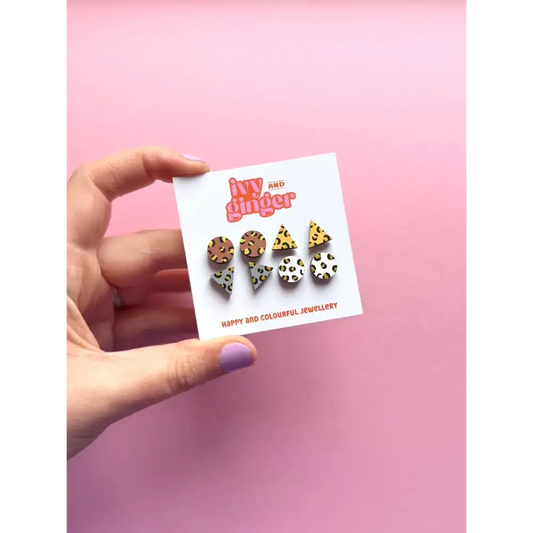 Gold Leopard Print Hand Painted Wooden Earrings Stud Set