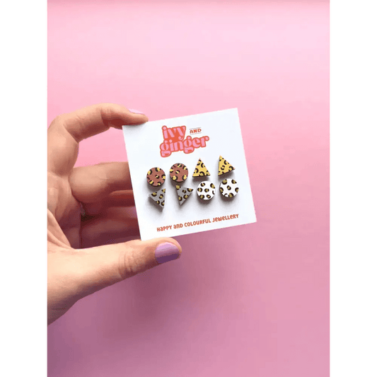 Gold Leopard Print Hand Painted Wooden Earrings Stud Set - The Red Squirrel