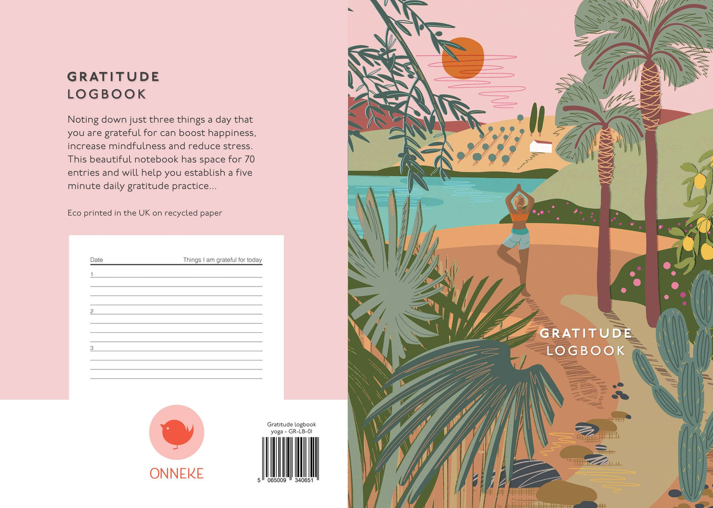 Gratitude Logbook A5 with yoga cover and nature illustration, encouraging mindfulness and daily gratitude practices.