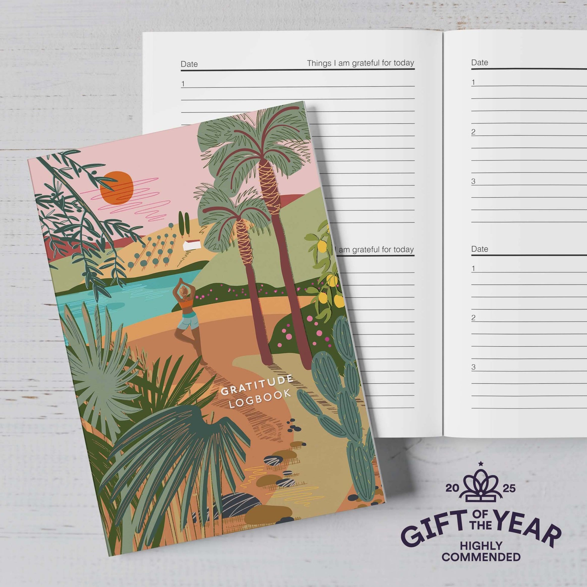 Gratitude Logbook A5 with yoga cover illustration, featuring tropical scenery and space for daily reflections, award-winning design.