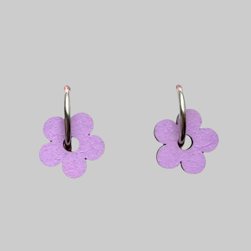 Hand Painted Lilac Statement Flower Dangle Hoop Earrings