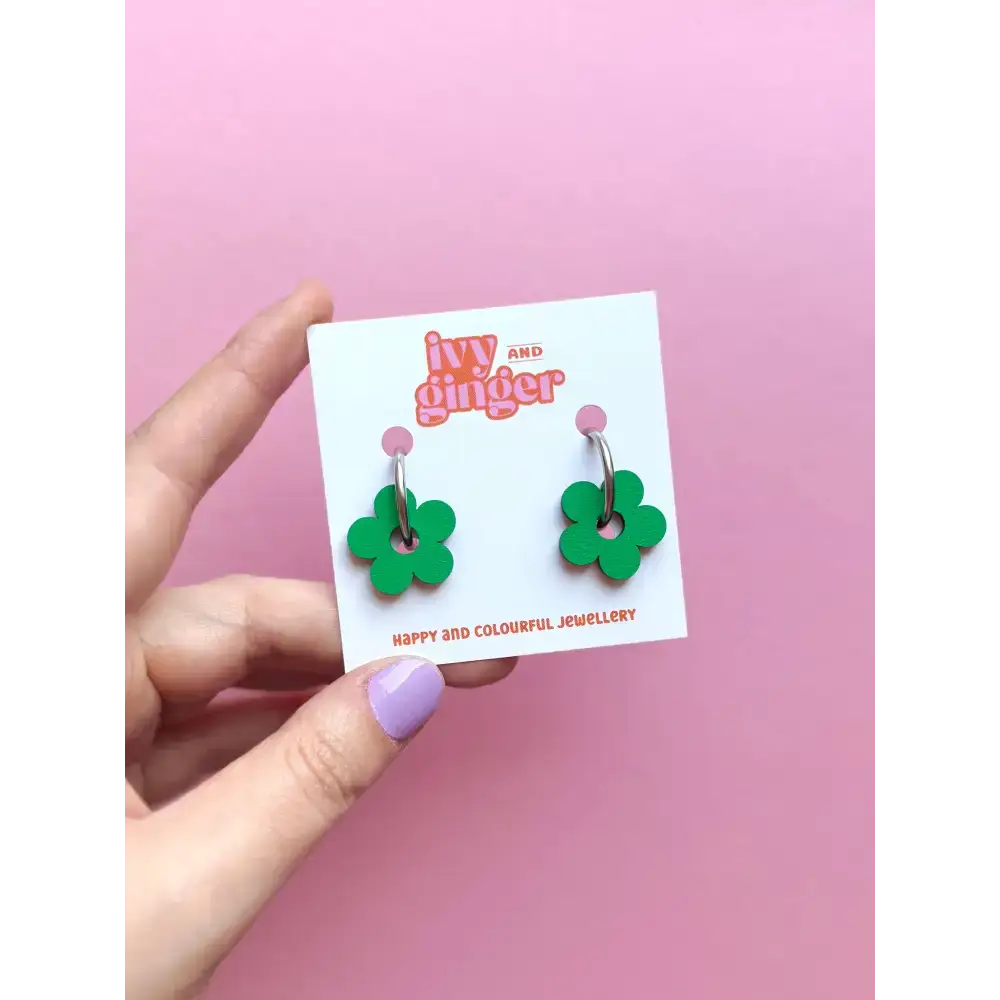 Handmade Bold Green Flower Statement Flower Hoop Earrings