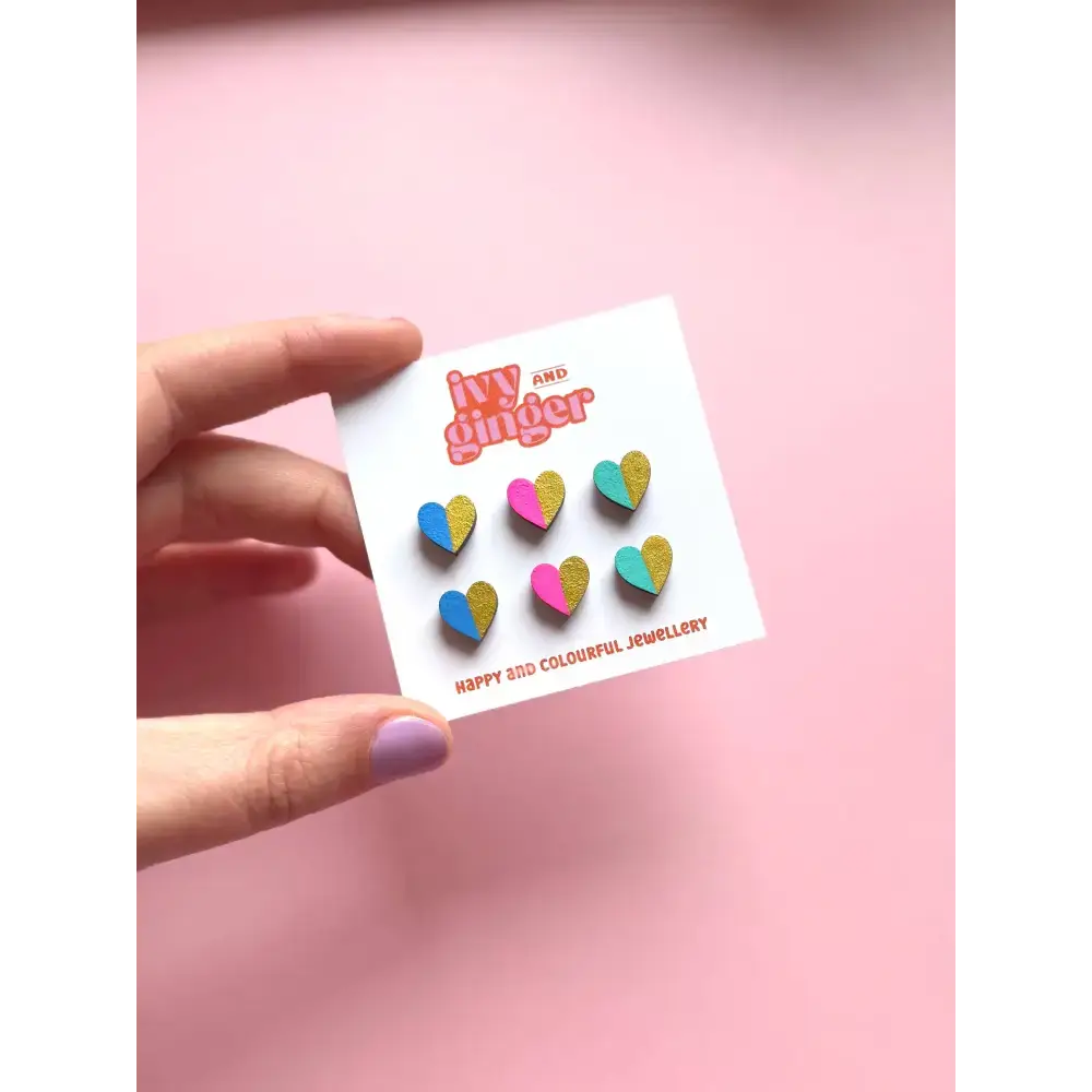 Handmade Gold Edge Fun Heart Statement Stud Earrings Set