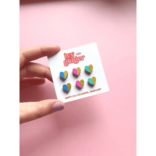 Handmade Gold Edge Fun Heart Statement Stud Earrings Set - The Red Squirrel