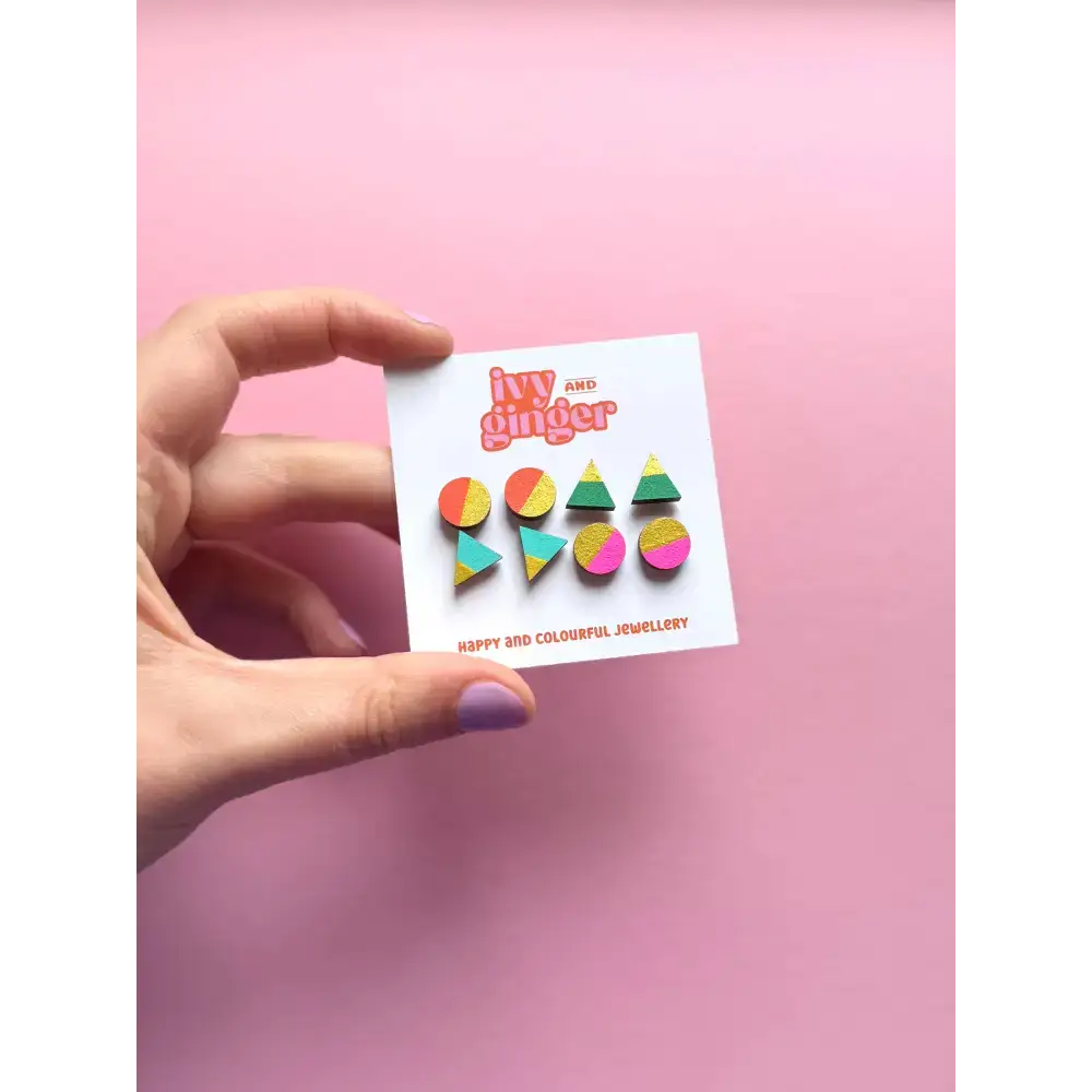 Handmade Retro Brights Gold Edge Stud Earrings Set Fun