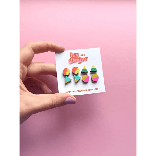 Handmade Retro Brights Gold Edge Stud Earrings Set Fun - The Red Squirrel
