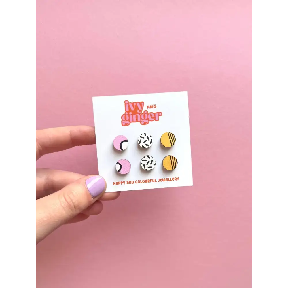 Handmade tropical mini stud earrings set hand painted wood