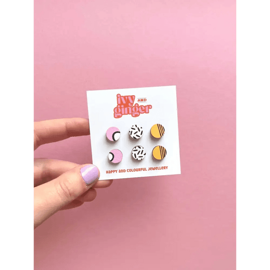 Handmade tropical mini stud earrings set hand painted wood - The Red Squirrel