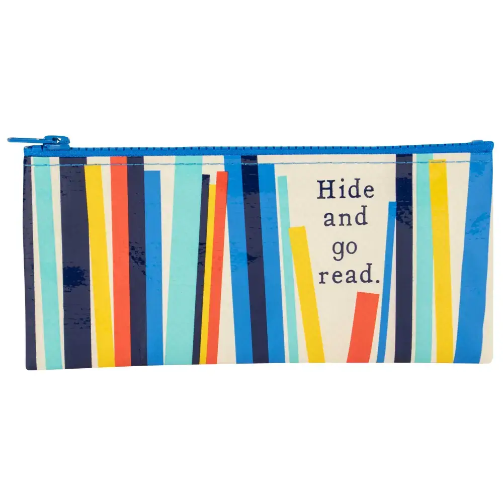 Colorful pencil case featuring the quote 'Hide and go read' with a vibrant striped design.