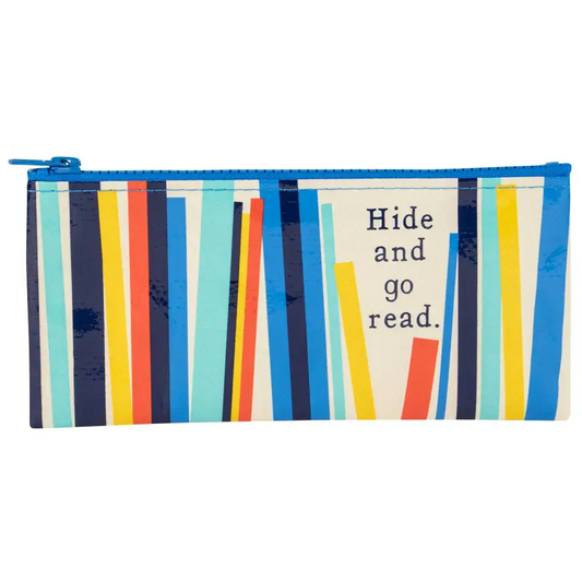 Colorful pencil case featuring the quote 'Hide and go read' with a vibrant striped design.