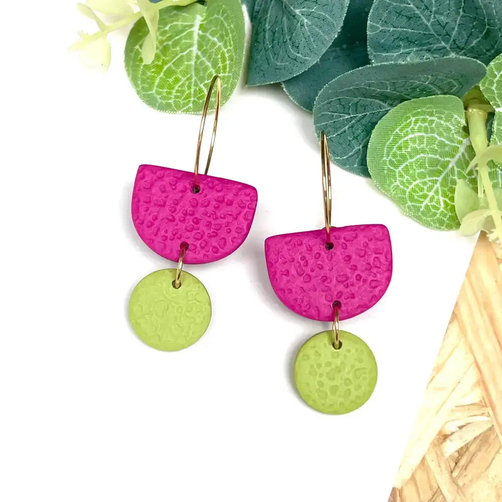 Hot Pink Colour Block Hoop Earrings - Polymer Clay - Dangle - Turquoise / Hoop - Black