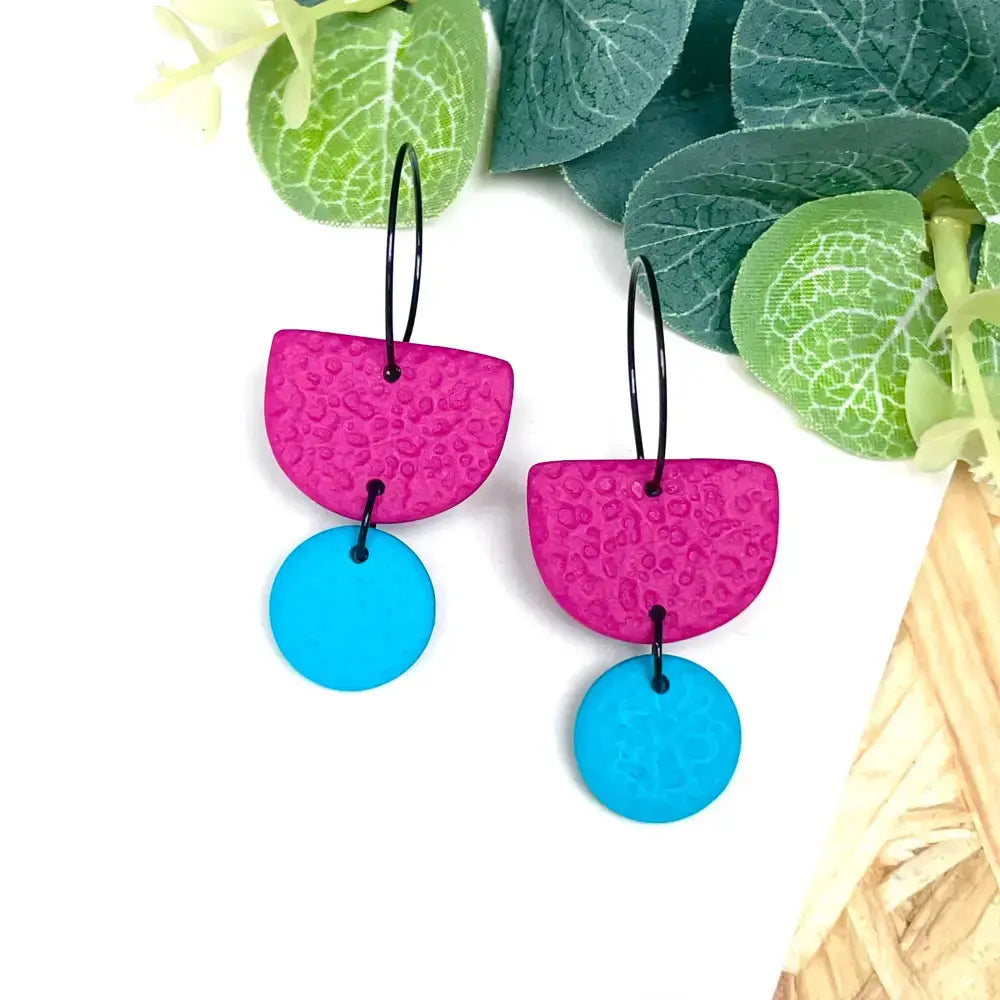 Hot Pink Colour Block Hoop Earrings - Polymer Clay - Dangle - Turquoise / Hoop - Black