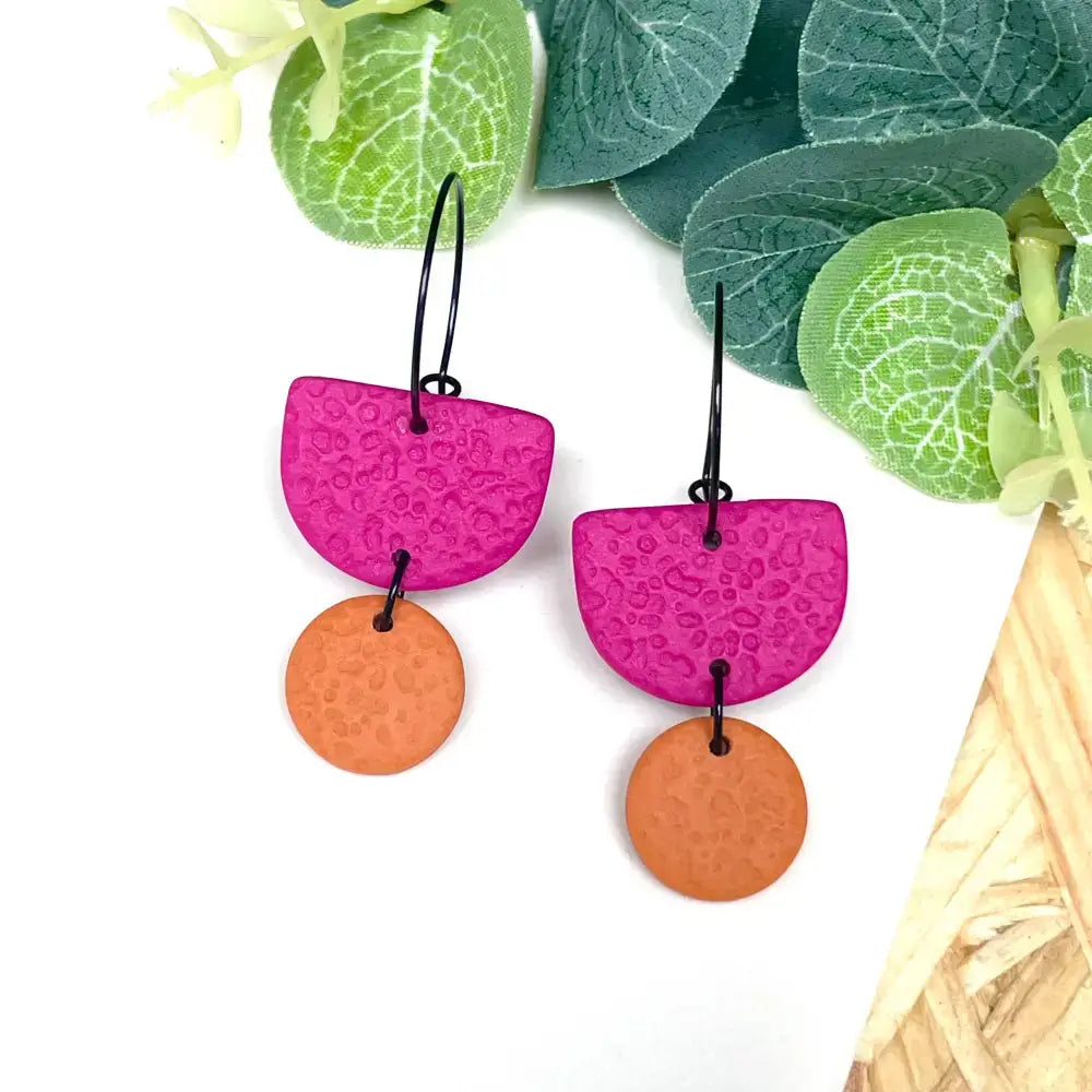 Hot Pink Colour Block Hoop Earrings - Polymer Clay - Dangle - Turquoise / Hoop - Black
