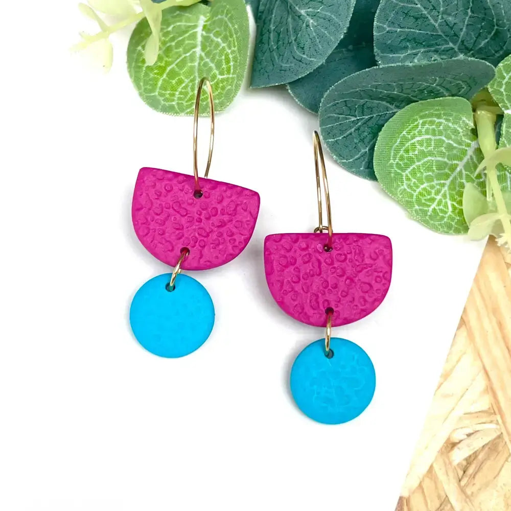 Hot Pink Colour Block Hoop Earrings - Polymer Clay - Dangle - Turquoise / Hoop - Black