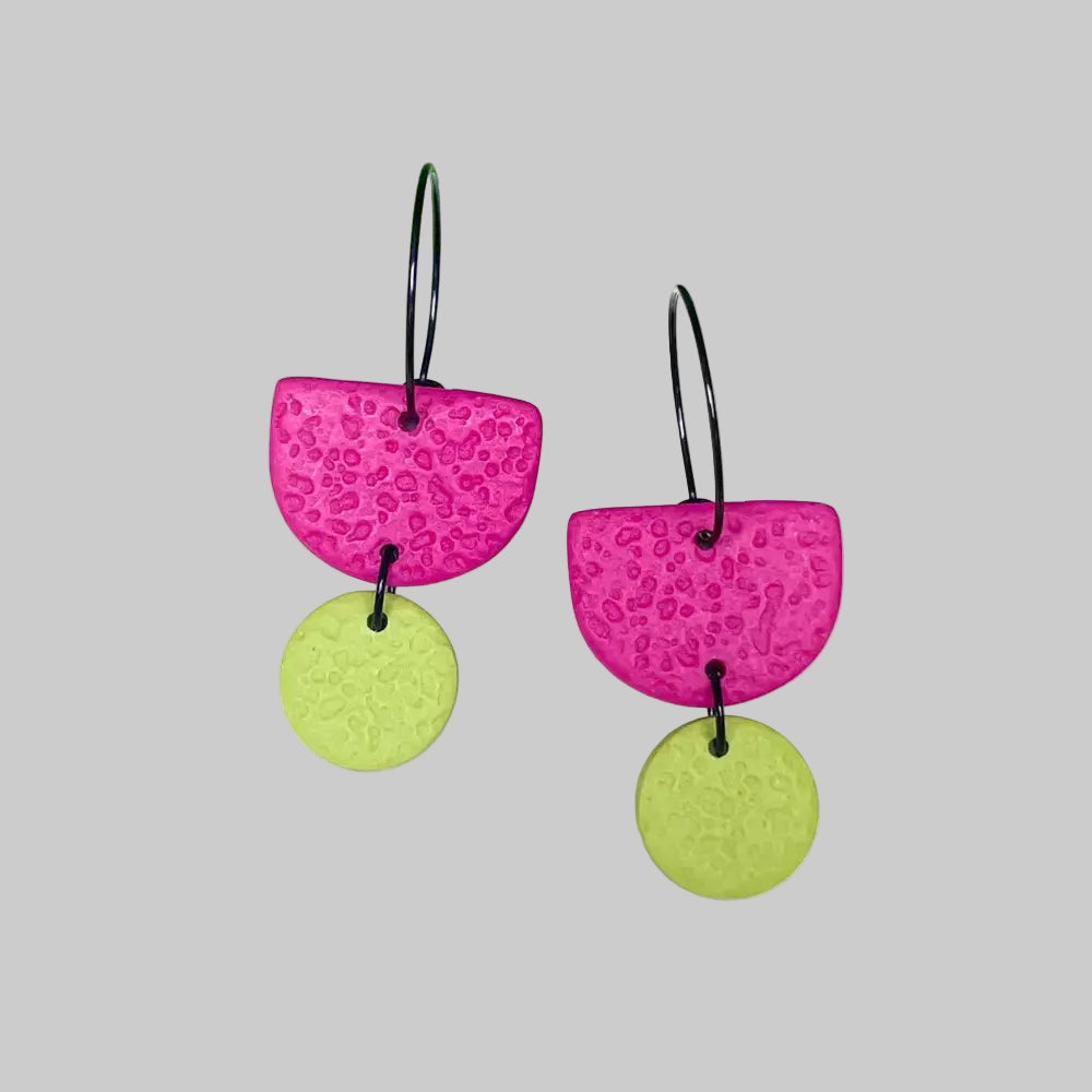 Hot Pink Colour Block Hoop Earrings - Polymer Clay - Dangle - Turquoise / Hoop - Black