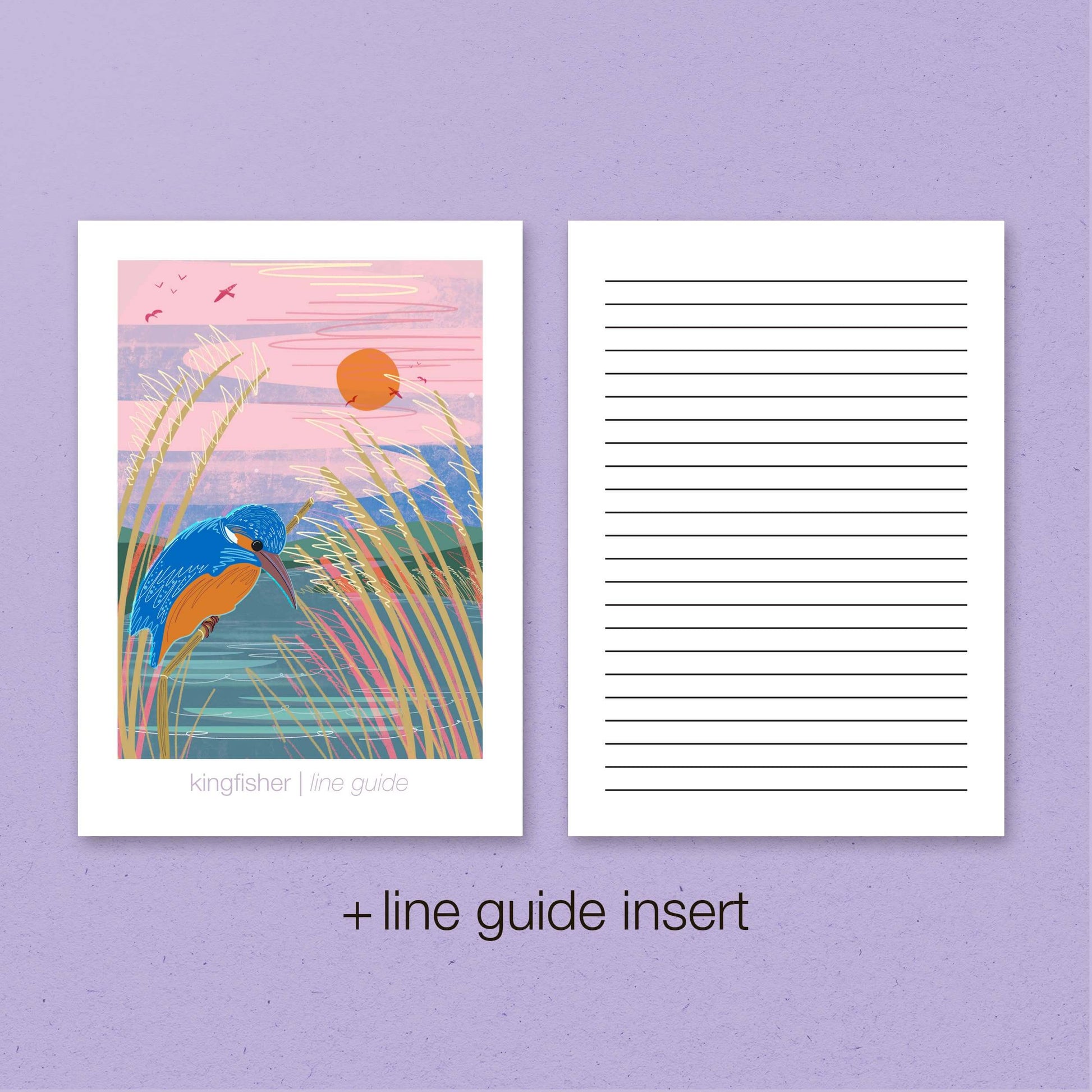 A5 Kingfisher notebook cover with illustration and line guide insert, perfect for notes and sketches.